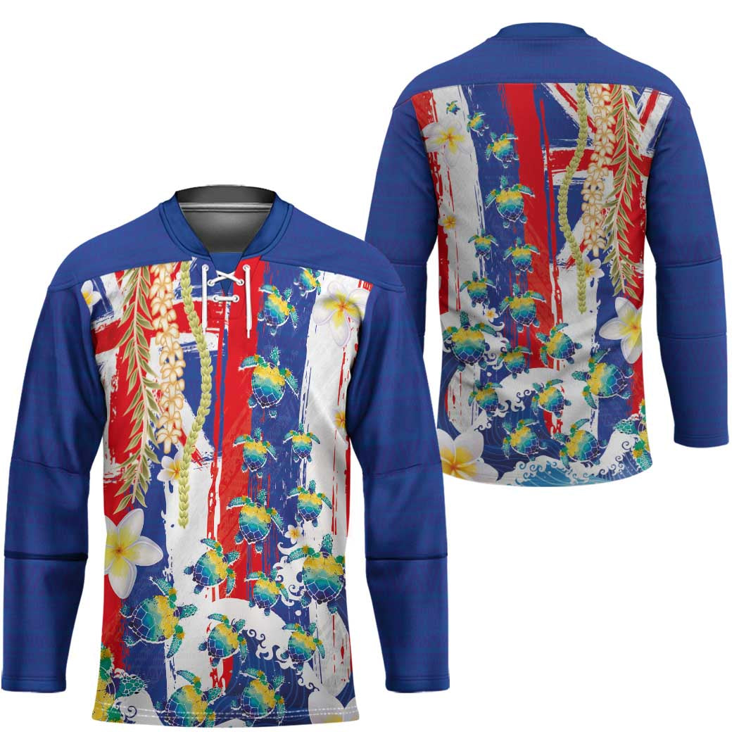 Hawaiian Sea Turtles and Plumeria Hockey Jersey with Lei and Flag Grunge Style LT03