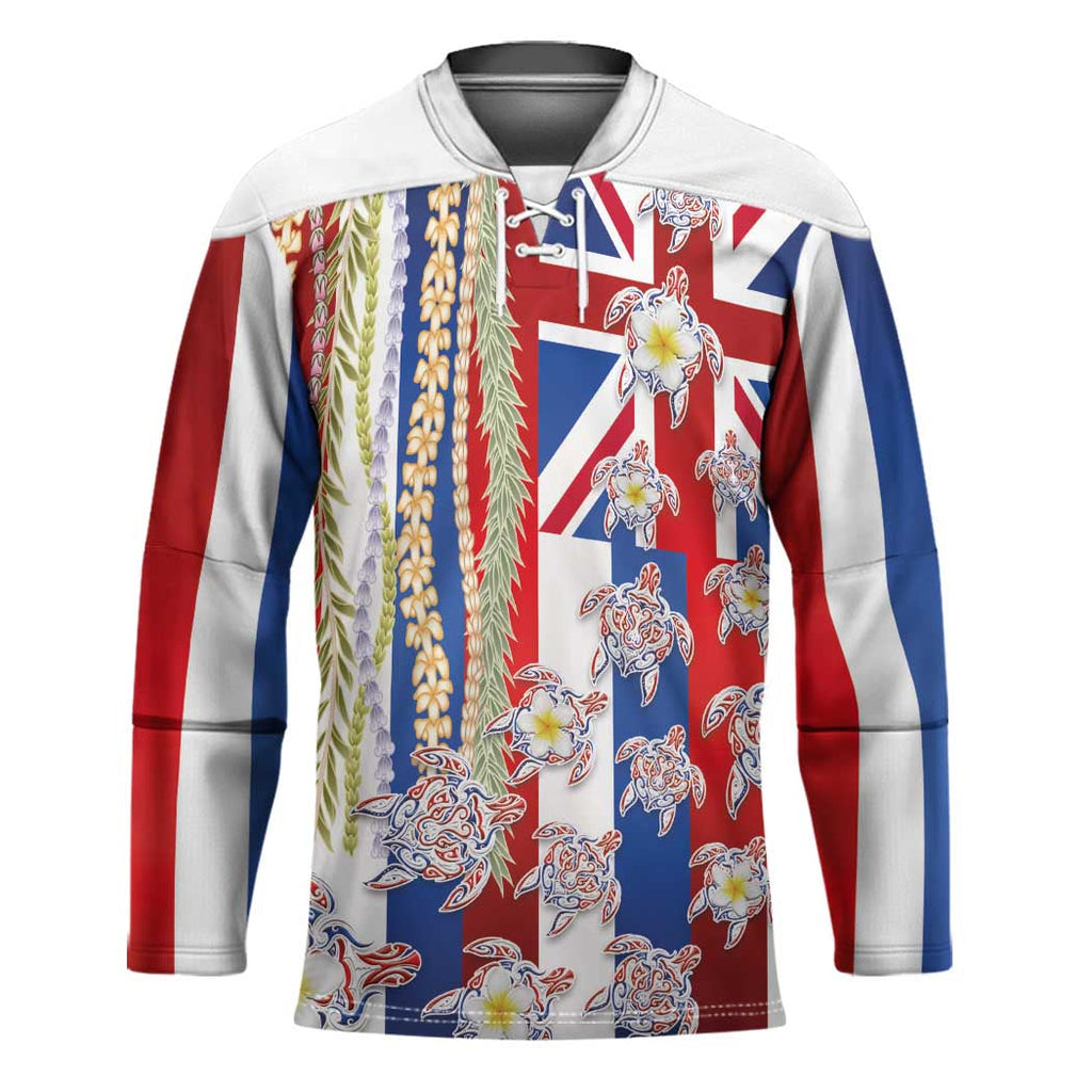 Hawaiian Polynesian Tribal Turtles Hockey Jersey with Lei and Flag Style LT03