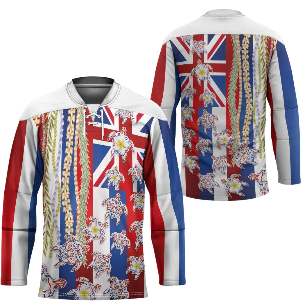 Hawaiian Polynesian Tribal Turtles Hockey Jersey with Lei and Flag Style LT03