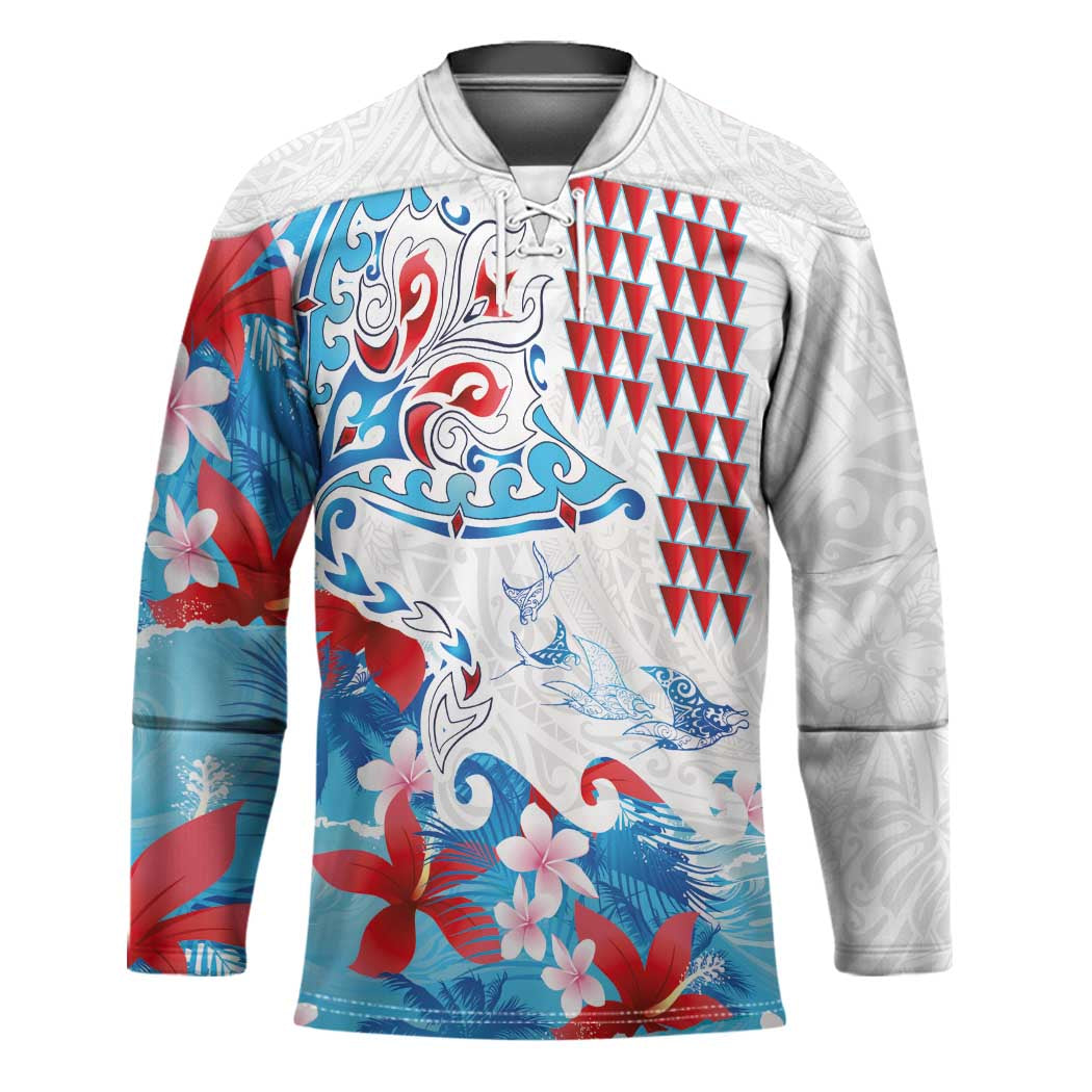 Hawaiian Tribal Manta Ray Hockey Jersey Kakau Tattoo and Flowers Surfing Waves Pattern Ocean Color LT03