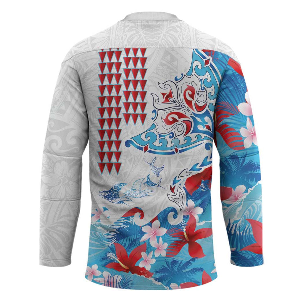 Hawaiian Tribal Manta Ray Hockey Jersey Kakau Tattoo and Flowers Surfing Waves Pattern Ocean Color LT03