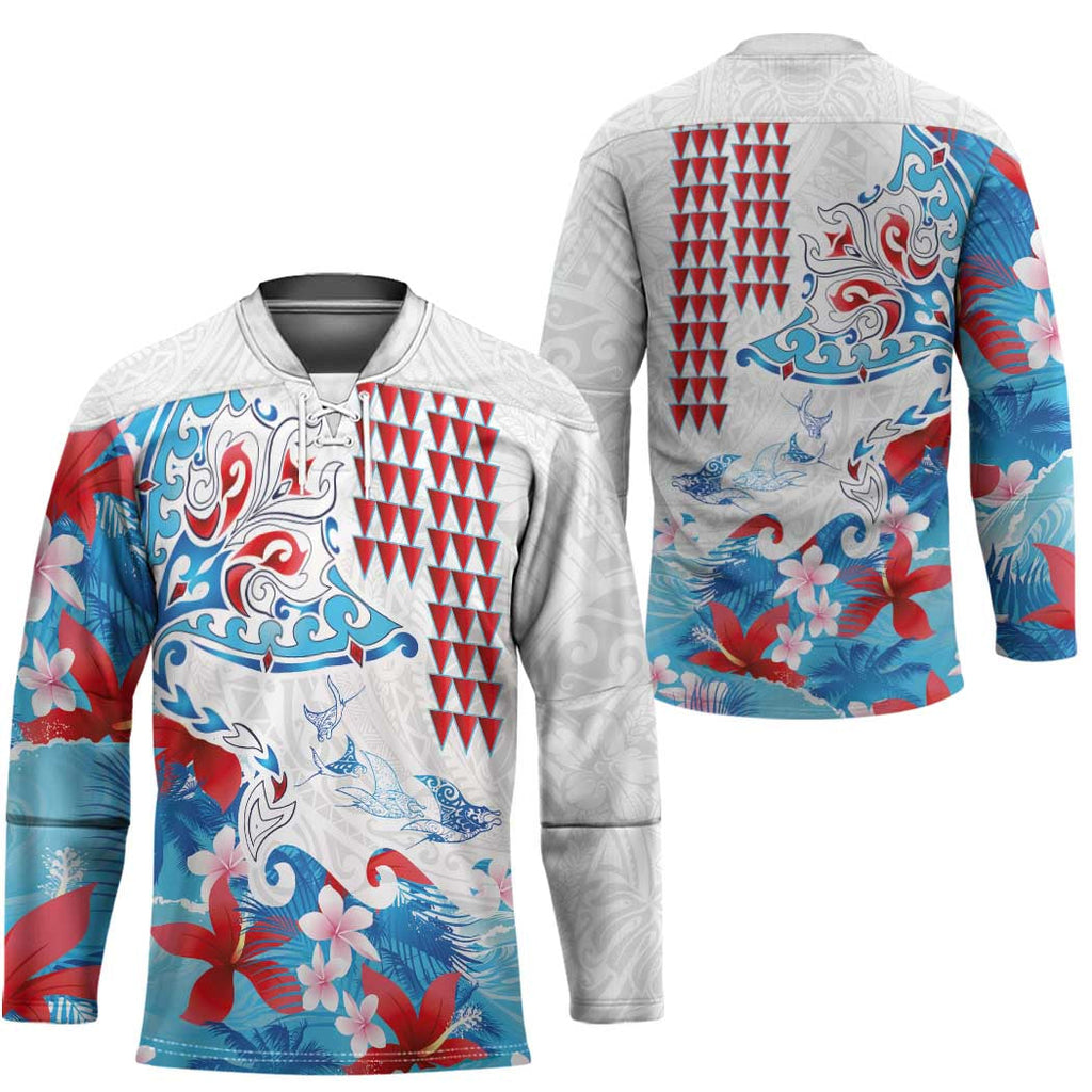 Hawaiian Tribal Manta Ray Hockey Jersey Kakau Tattoo and Flowers Surfing Waves Pattern Ocean Color LT03