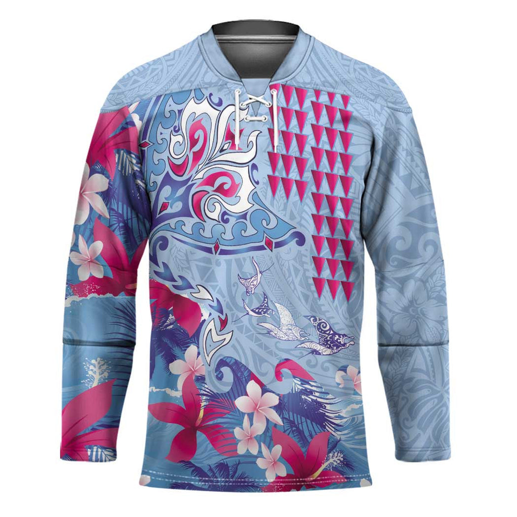 Hawaiian Tribal Manta Ray Hockey Jersey Kakau Tattoo and Flowers Surfing Waves Pattern Soft Color LT03