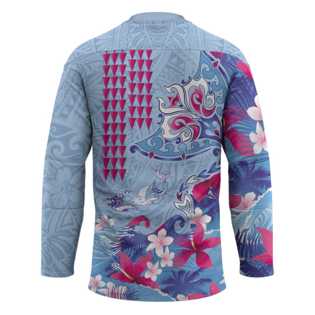 Hawaiian Tribal Manta Ray Hockey Jersey Kakau Tattoo and Flowers Surfing Waves Pattern Soft Color LT03