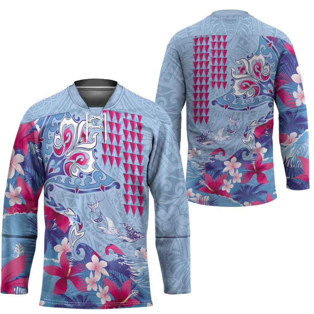 Hawaiian Tribal Manta Ray Hockey Jersey Kakau Tattoo and Flowers Surfing Waves Pattern Soft Color LT03