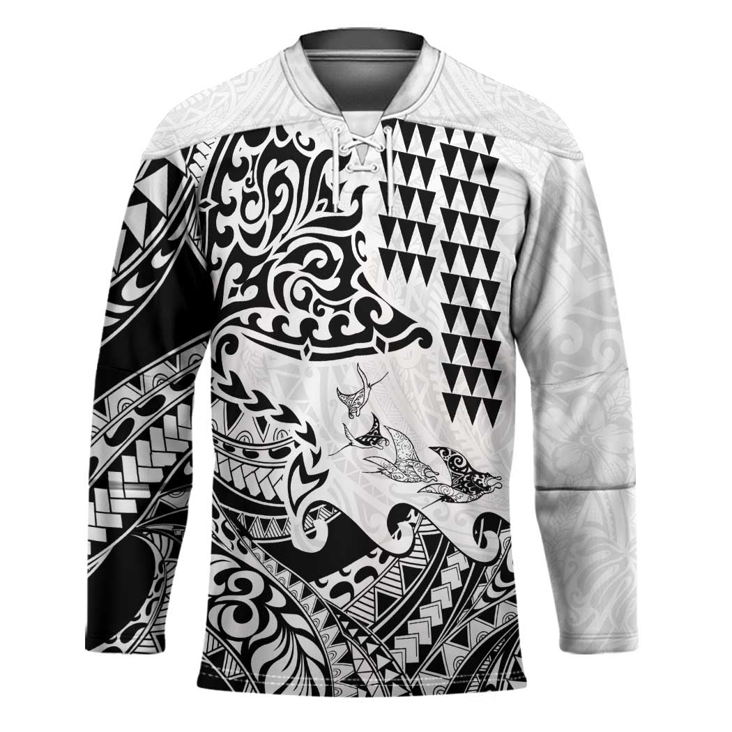 Hawaiian Tribal Manta Ray Hockey Jersey Kakau Tattoo and Polynesian Art Motif Pattern LT03