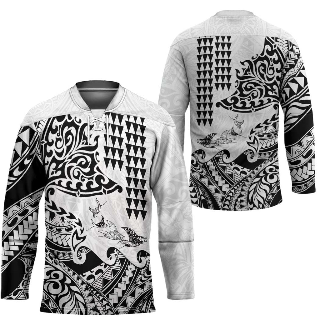 Hawaiian Tribal Manta Ray Hockey Jersey Kakau Tattoo and Polynesian Art Motif Pattern LT03
