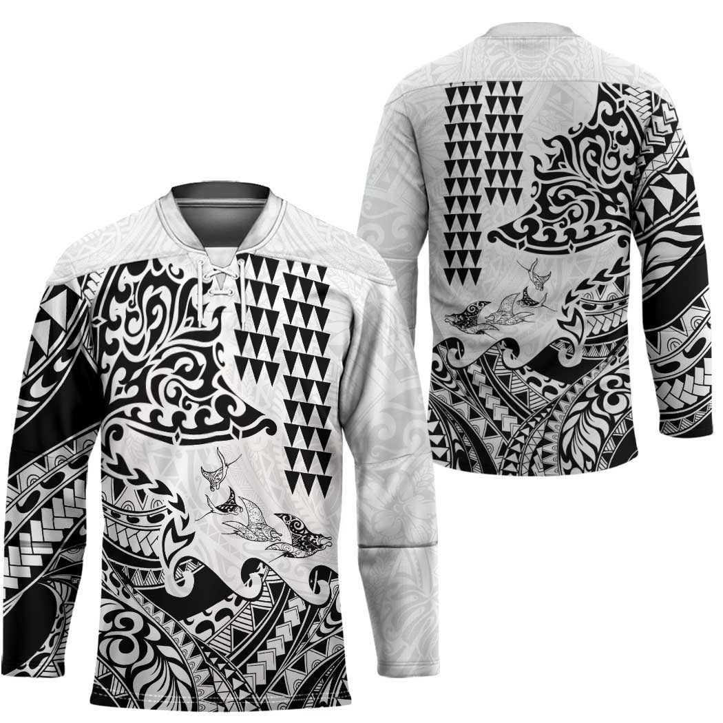 Hawaiian Tribal Manta Ray Hockey Jersey Kakau Tattoo and Polynesian Art Motif Pattern LT03