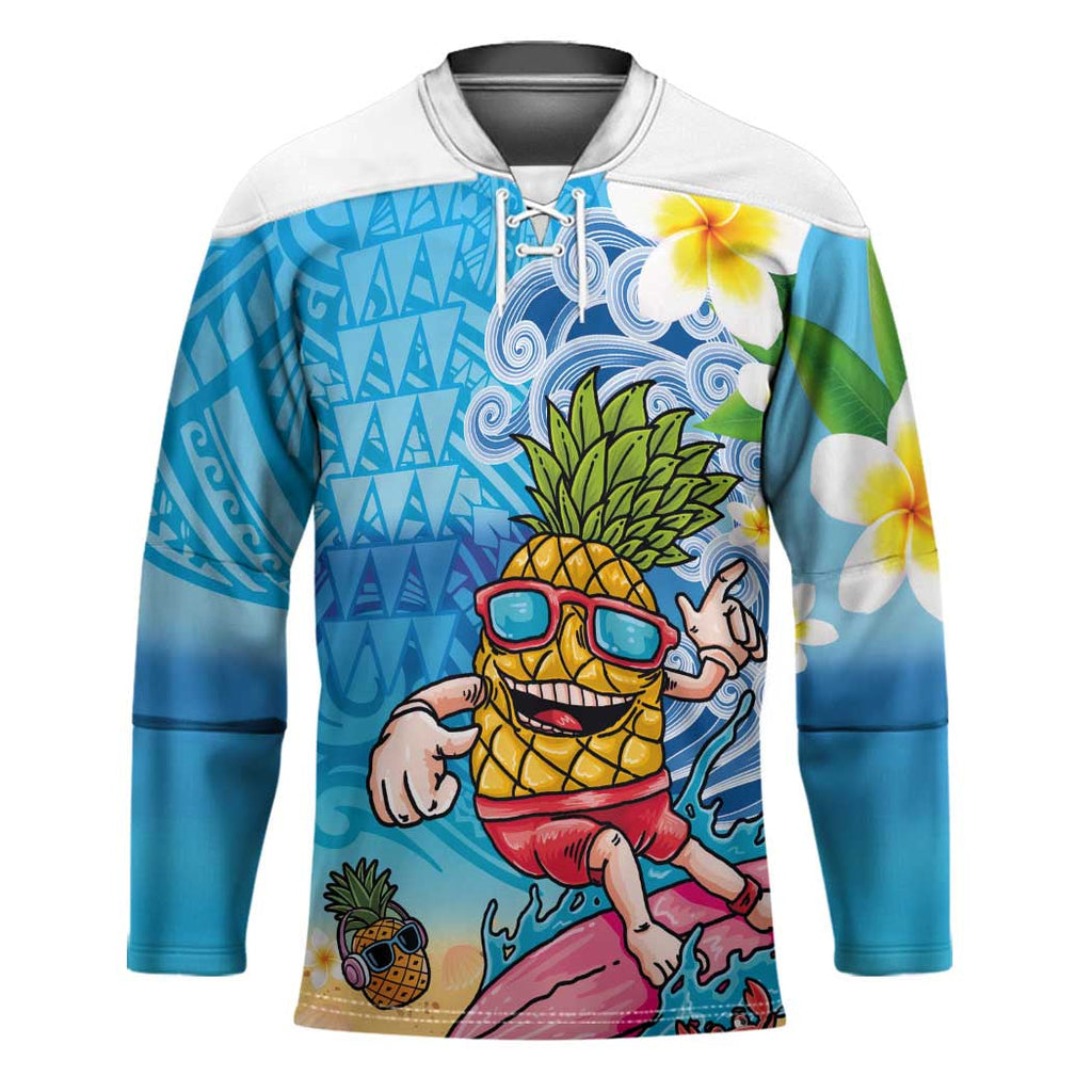 Hawaiian Funny Pineapple Surfing Hockey Jersey Beach with Tribal Kakau and Plumeria LT03