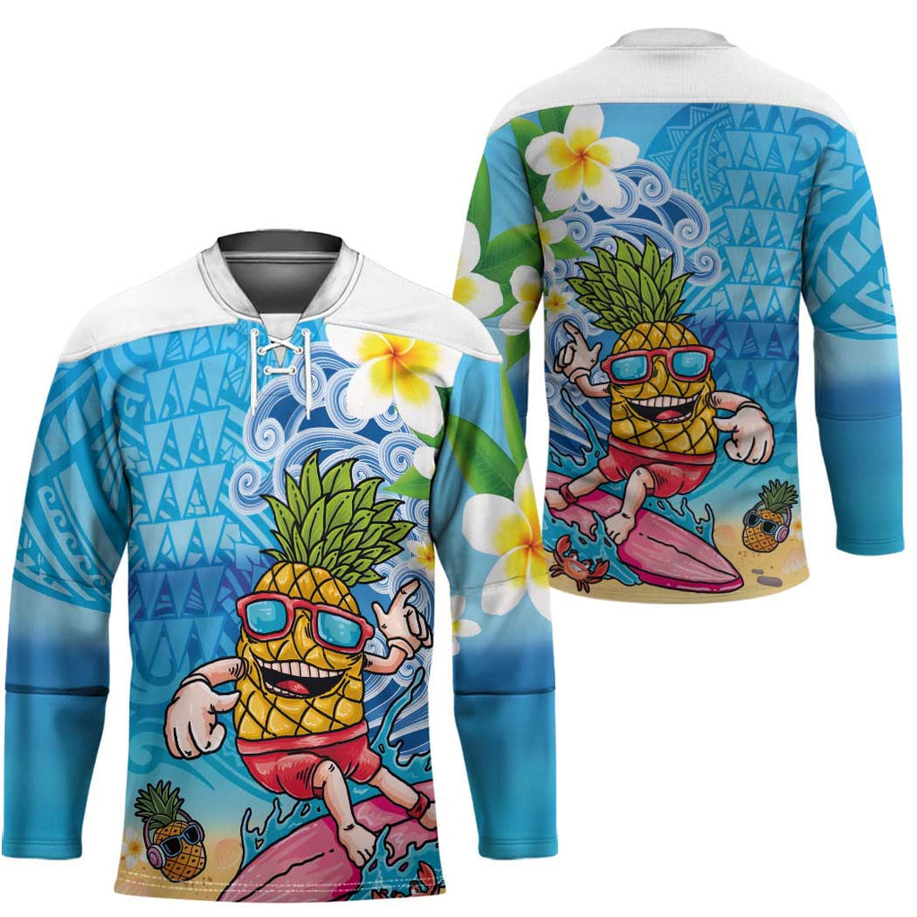 Hawaiian Funny Pineapple Surfing Hockey Jersey Beach with Tribal Kakau and Plumeria LT03