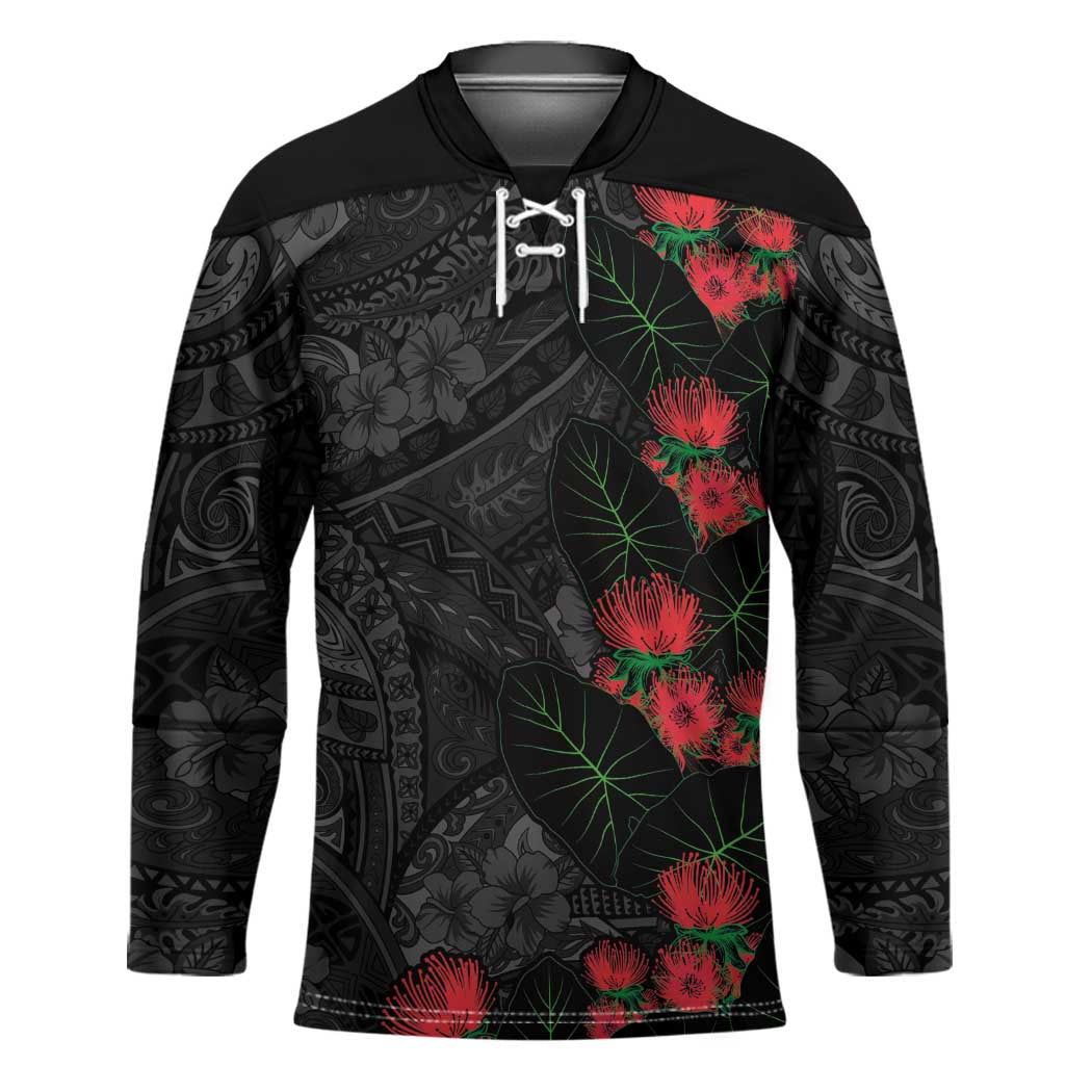 Hawaiian Taro Leaves and Ohia Lehua Hockey Jersey Polynesian Tribal Art Tropical Plants Motifs Grayscale LT03