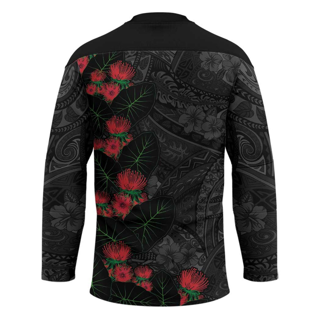 Hawaiian Taro Leaves and Ohia Lehua Hockey Jersey Polynesian Tribal Art Tropical Plants Motifs Grayscale LT03