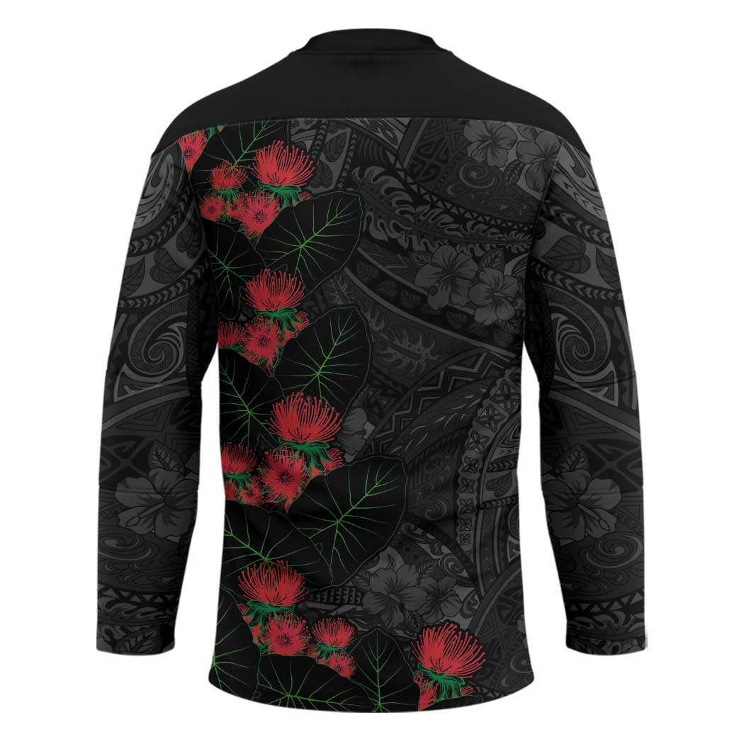 Hawaiian Taro Leaves and Ohia Lehua Hockey Jersey Polynesian Tribal Art Tropical Plants Motifs Grayscale LT03