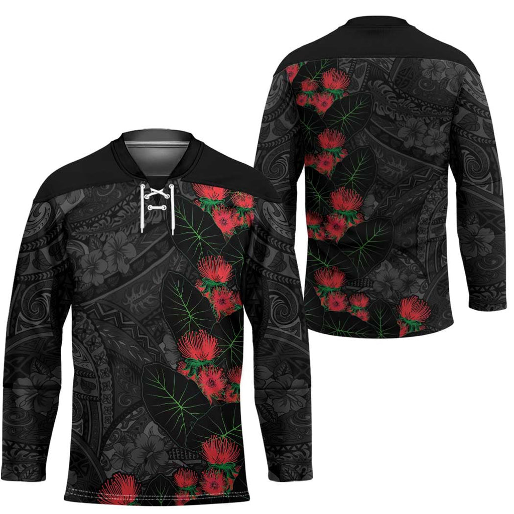 Hawaiian Taro Leaves and Ohia Lehua Hockey Jersey Polynesian Tribal Art Tropical Plants Motifs Grayscale LT03