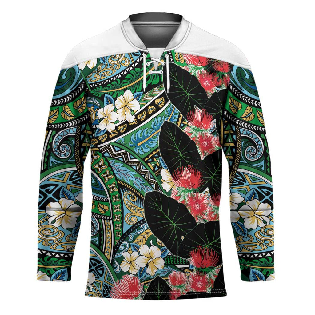 Hawaiian Taro Leaves and Ohia Lehua Hockey Jersey Polynesian Tribal Art Tropical Plants Motifs Colorful LT03