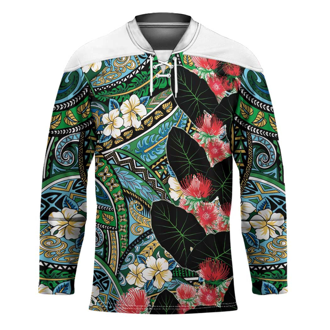 Hawaiian Taro Leaves and Ohia Lehua Hockey Jersey Polynesian Tribal Art Tropical Plants Motifs Colorful LT03