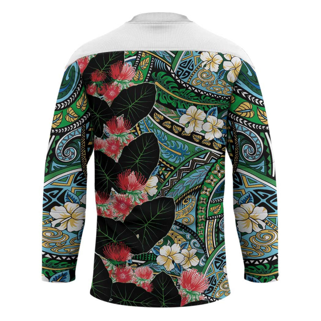 Hawaiian Taro Leaves and Ohia Lehua Hockey Jersey Polynesian Tribal Art Tropical Plants Motifs Colorful LT03