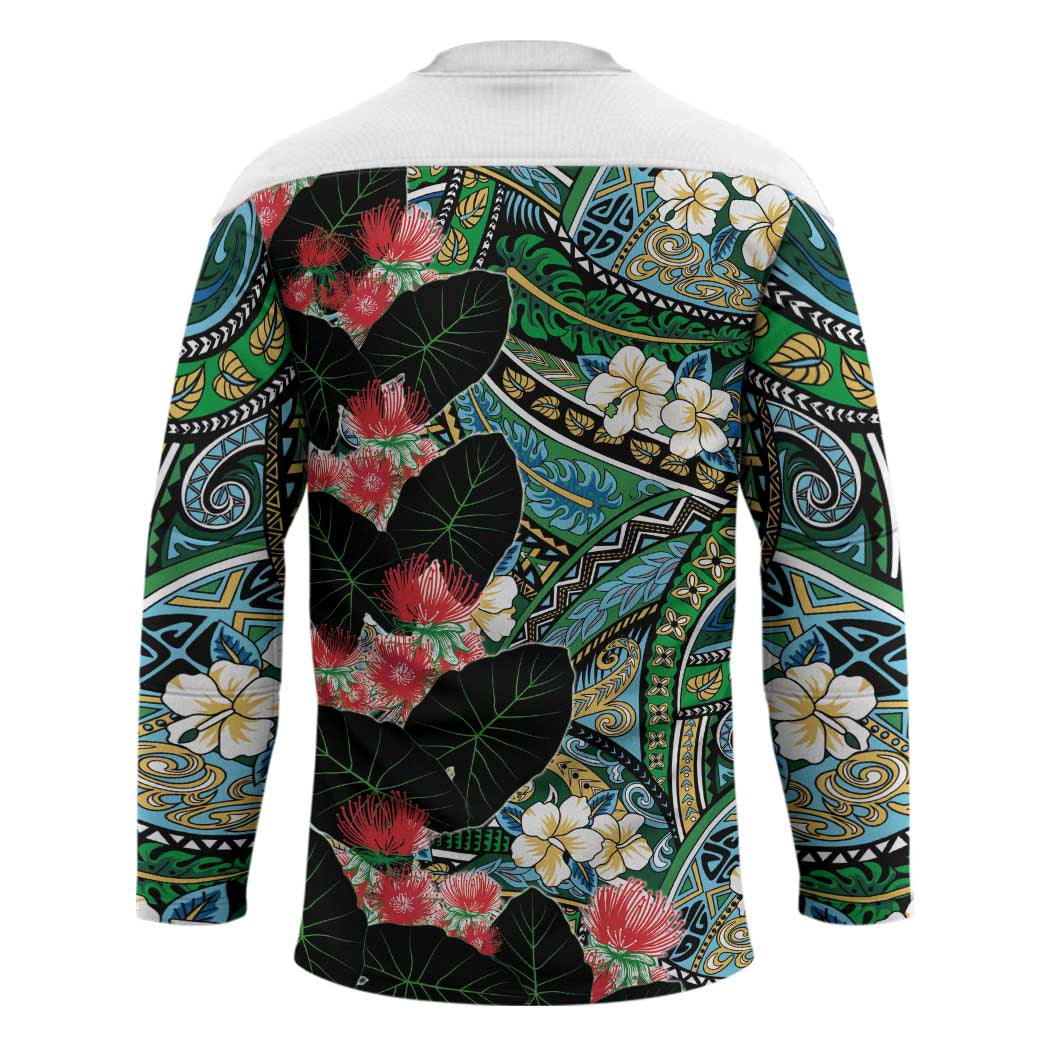 Hawaiian Taro Leaves and Ohia Lehua Hockey Jersey Polynesian Tribal Art Tropical Plants Motifs Colorful LT03