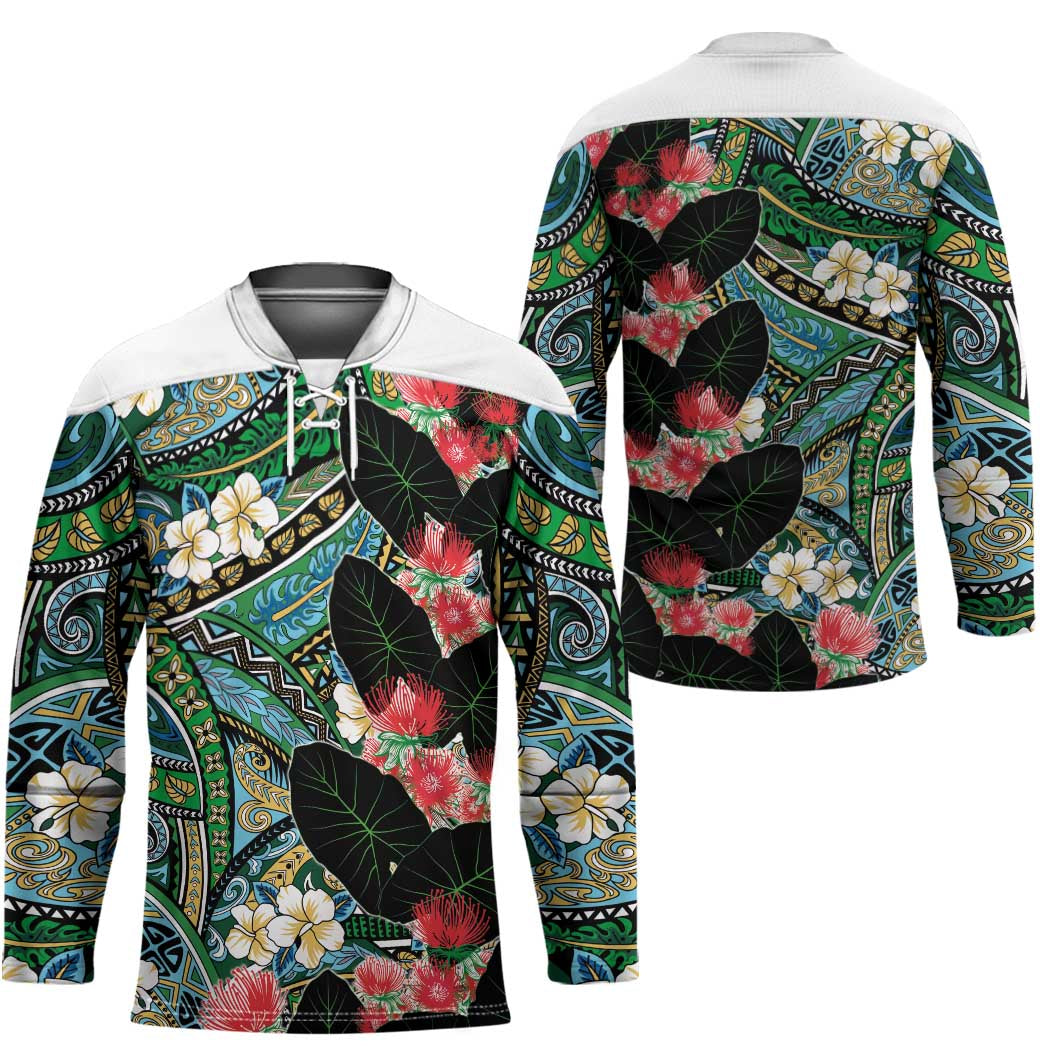 Hawaiian Taro Leaves and Ohia Lehua Hockey Jersey Polynesian Tribal Art Tropical Plants Motifs Colorful LT03