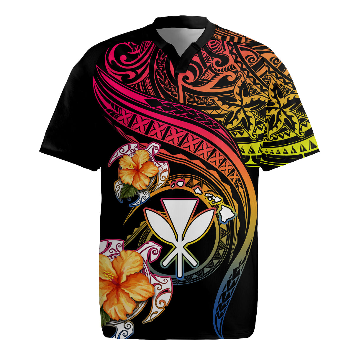 Polynesia Hawaii Turtle Day Rugby Jersey Hibiscus and Kanaka Maoli LT03