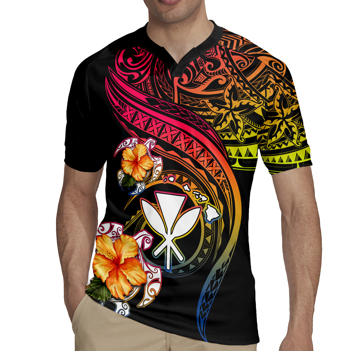 Polynesia Hawaii Turtle Day Rugby Jersey Hibiscus and Kanaka Maoli LT03