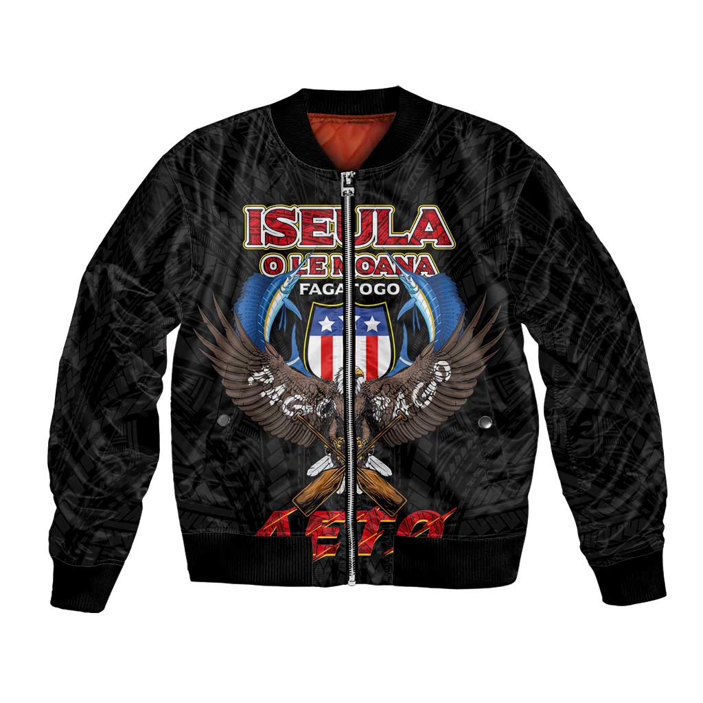 American Samoa Fautasi Bomber Jacket Pago Pago Aeto and Iseula o le Moana of Fagatogo Black Color LT03