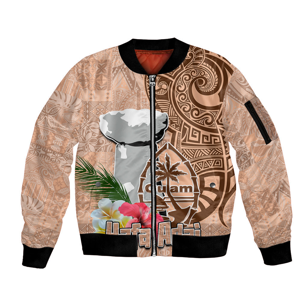 Guam Seal and Latte Stone With Ethnic Tapa Pattern Sleeve Zip Bomber Jacket Peach Fuzz Color LT03
