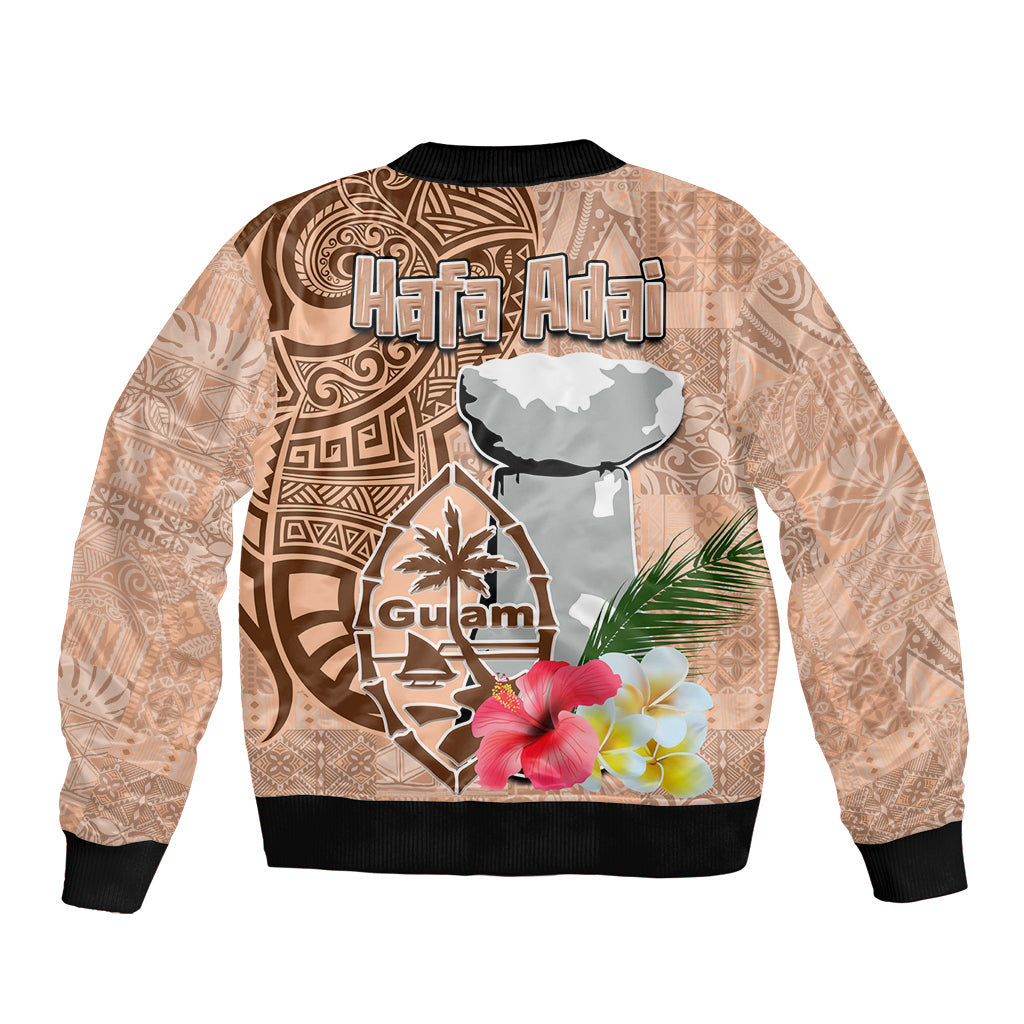 Guam Seal and Latte Stone With Ethnic Tapa Pattern Sleeve Zip Bomber Jacket Peach Fuzz Color LT03