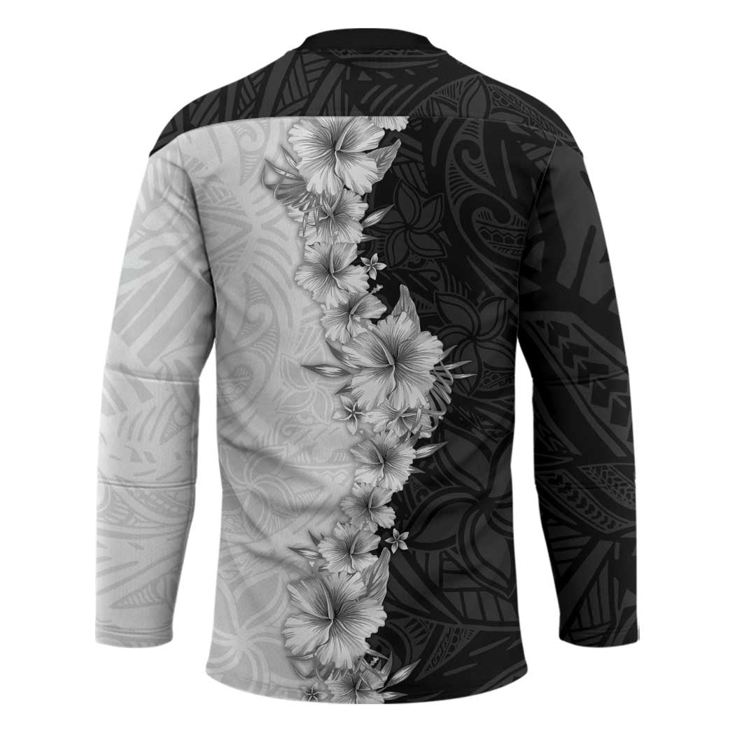 Hawaii Hibiscus Flowers Hockey Jersey Grayscale Polynesian Pattern LT05