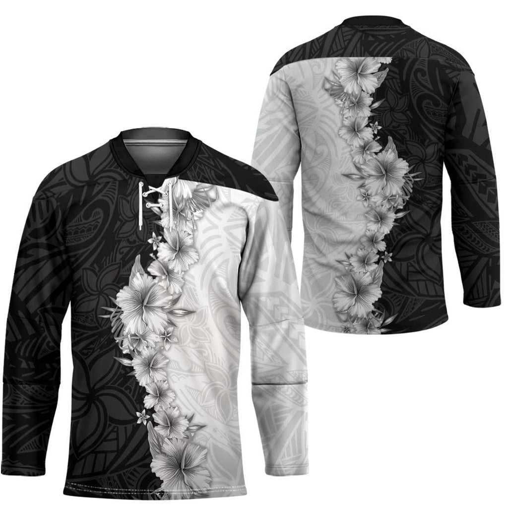 Hawaii Hibiscus Flowers Hockey Jersey Grayscale Polynesian Pattern LT05