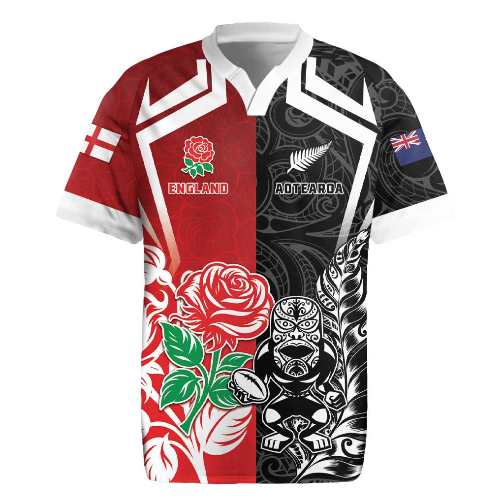 New Zealand And England Rugby Custom Rugby Jersey Maori Tiki With Red Rose Together LT05