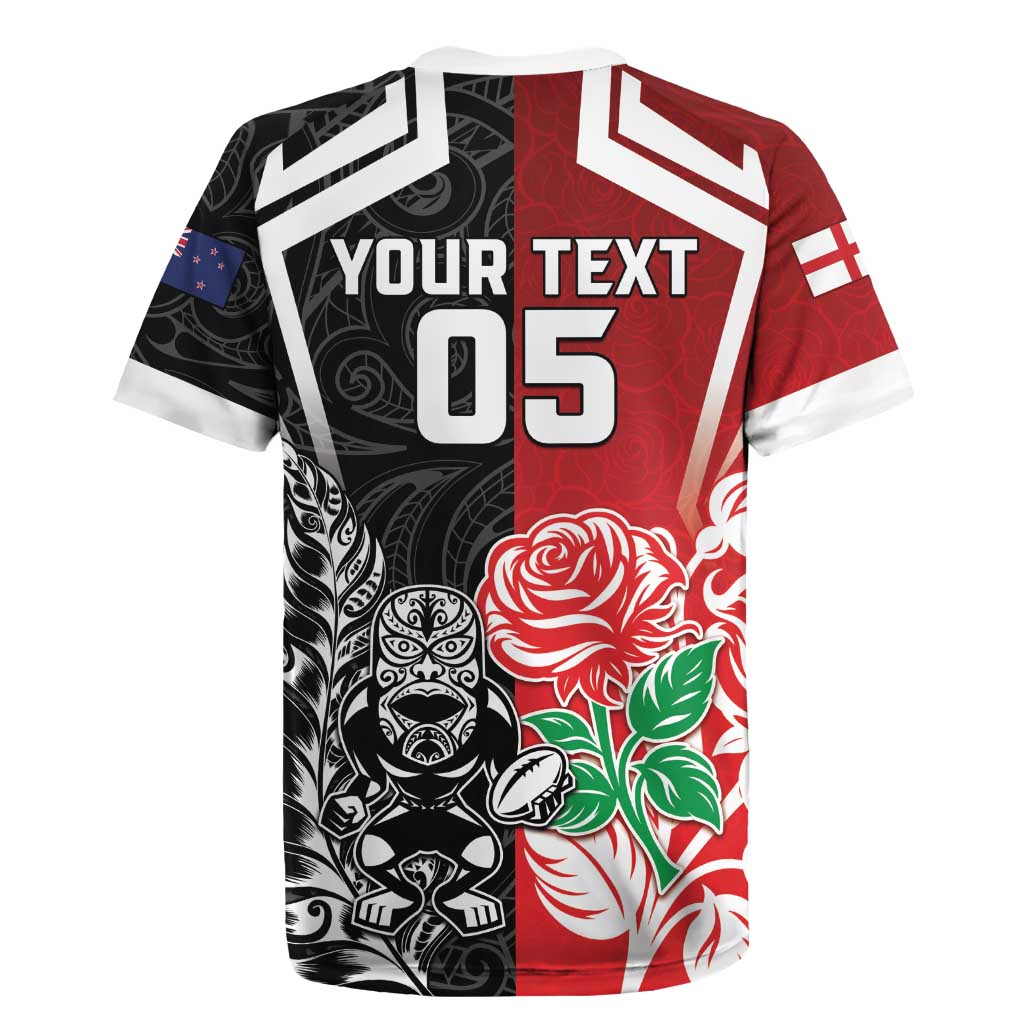 New Zealand And England Rugby Custom Rugby Jersey Maori Tiki With Red Rose Together LT05
