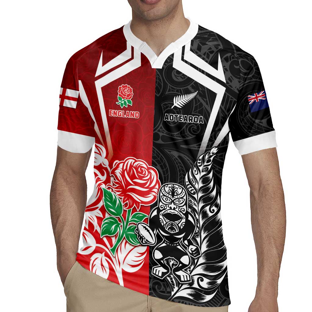 New Zealand And England Rugby Custom Rugby Jersey Maori Tiki With Red Rose Together LT05
