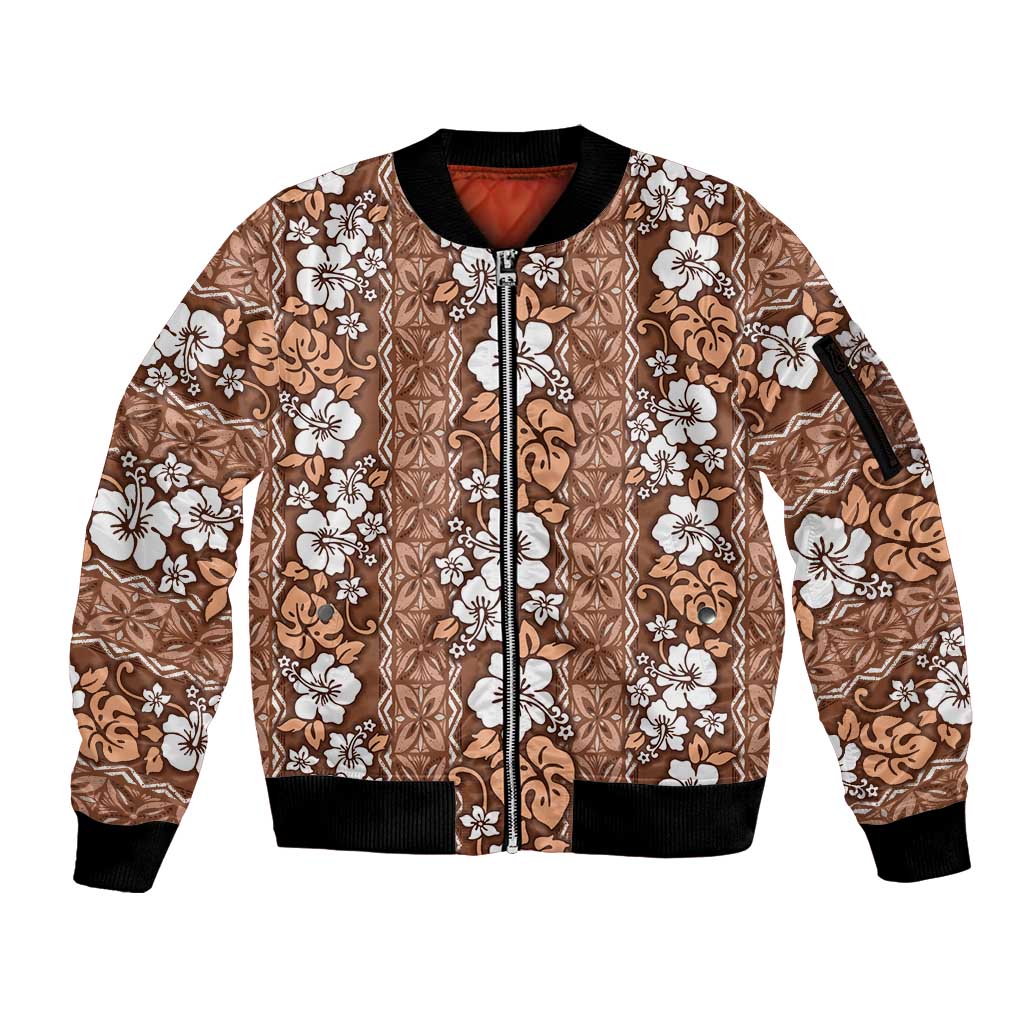 Hawaii Vintage Brown Hibiscus Tapa Pattern Sleeve Zip Bomber Jacket LT05