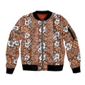 Hawaii Vintage Brown Hibiscus Tapa Pattern Sleeve Zip Bomber Jacket LT05