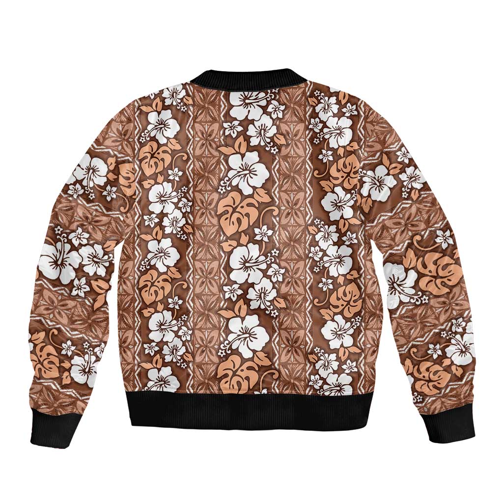 Hawaii Vintage Brown Hibiscus Tapa Pattern Sleeve Zip Bomber Jacket LT05