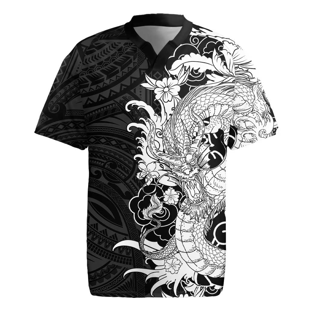 Hawaiian And Japanese Culture Rugby Jersey Irezumi Dragon With Polynesian Pattern Black LT05
