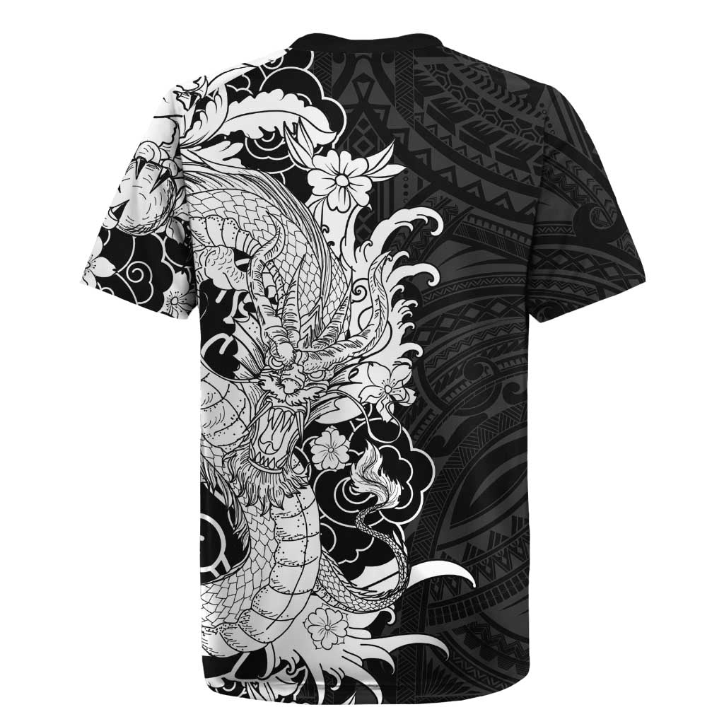 Hawaiian And Japanese Culture Rugby Jersey Irezumi Dragon With Polynesian Pattern Black LT05