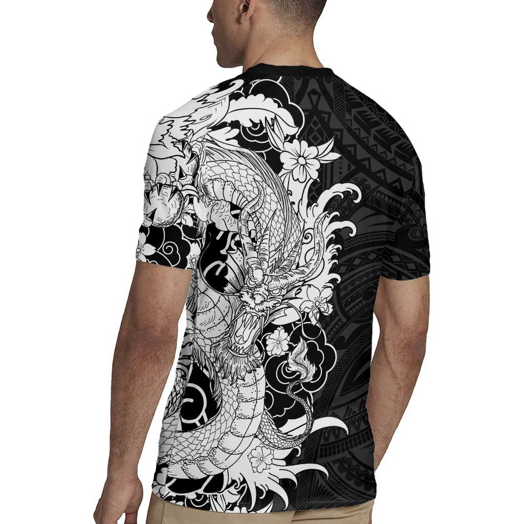 Hawaiian And Japanese Culture Rugby Jersey Irezumi Dragon With Polynesian Pattern Black LT05