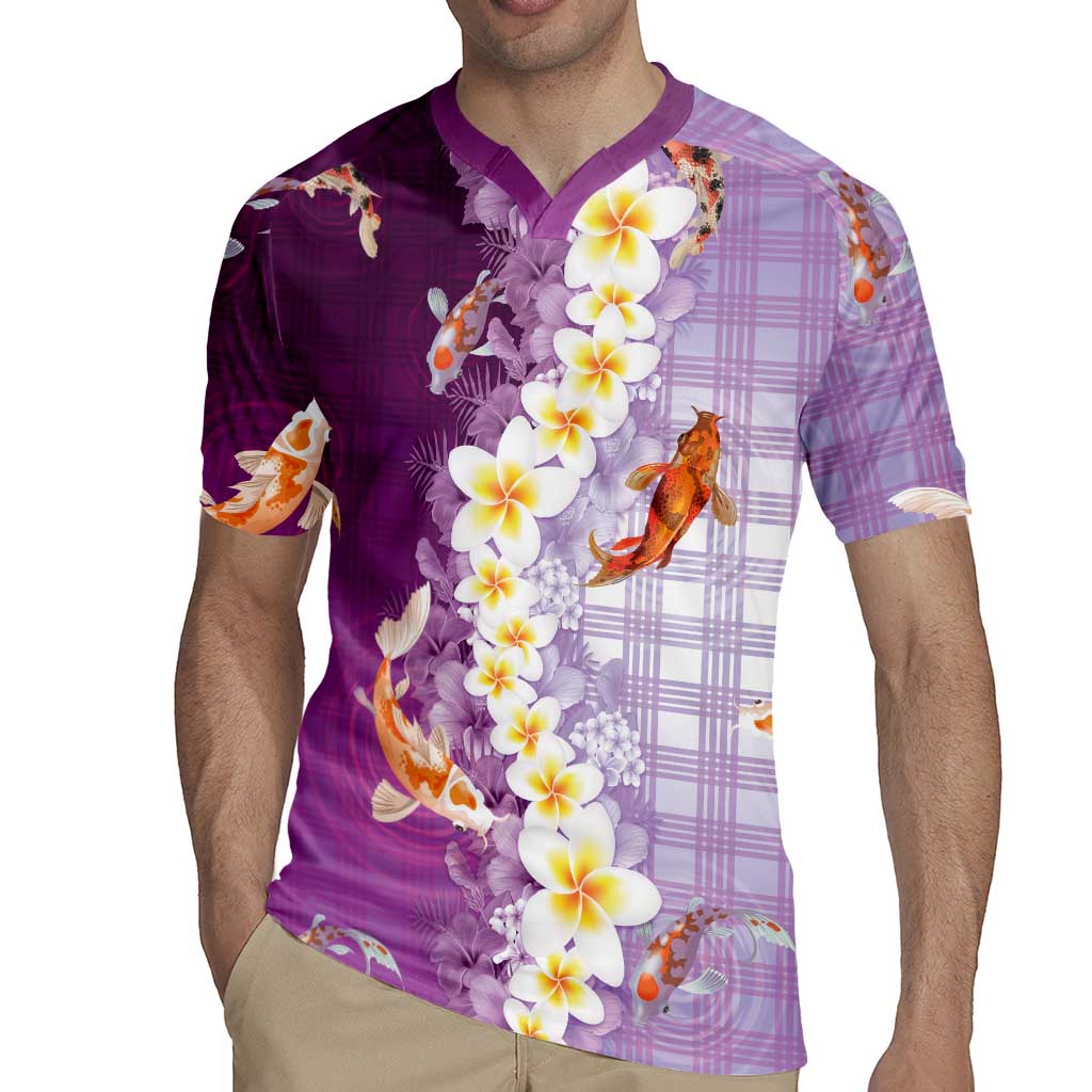 Hawaii And Japan Rugby Jersey Plumeria Lei With Koi Fish Purple LT05