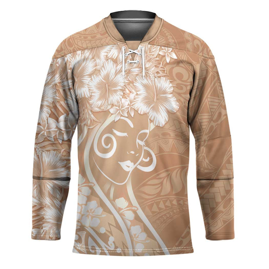 Polynesian Women's Day Hockey Jersey Brown Hibiscus Flowers With Polynesian Pattern LT05