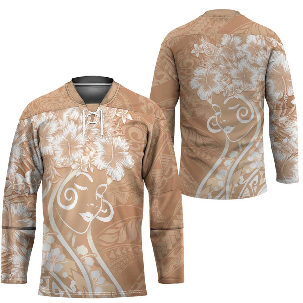 Polynesian Women's Day Hockey Jersey Brown Hibiscus Flowers With Polynesian Pattern LT05