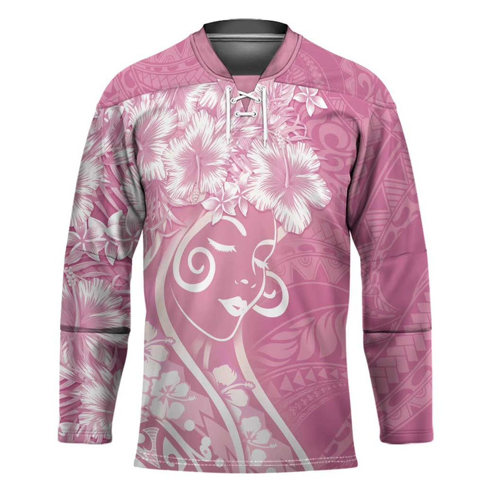 Polynesian Women's Day Hockey Jersey Pink Hibiscus Flowers With Polynesian Pattern LT05