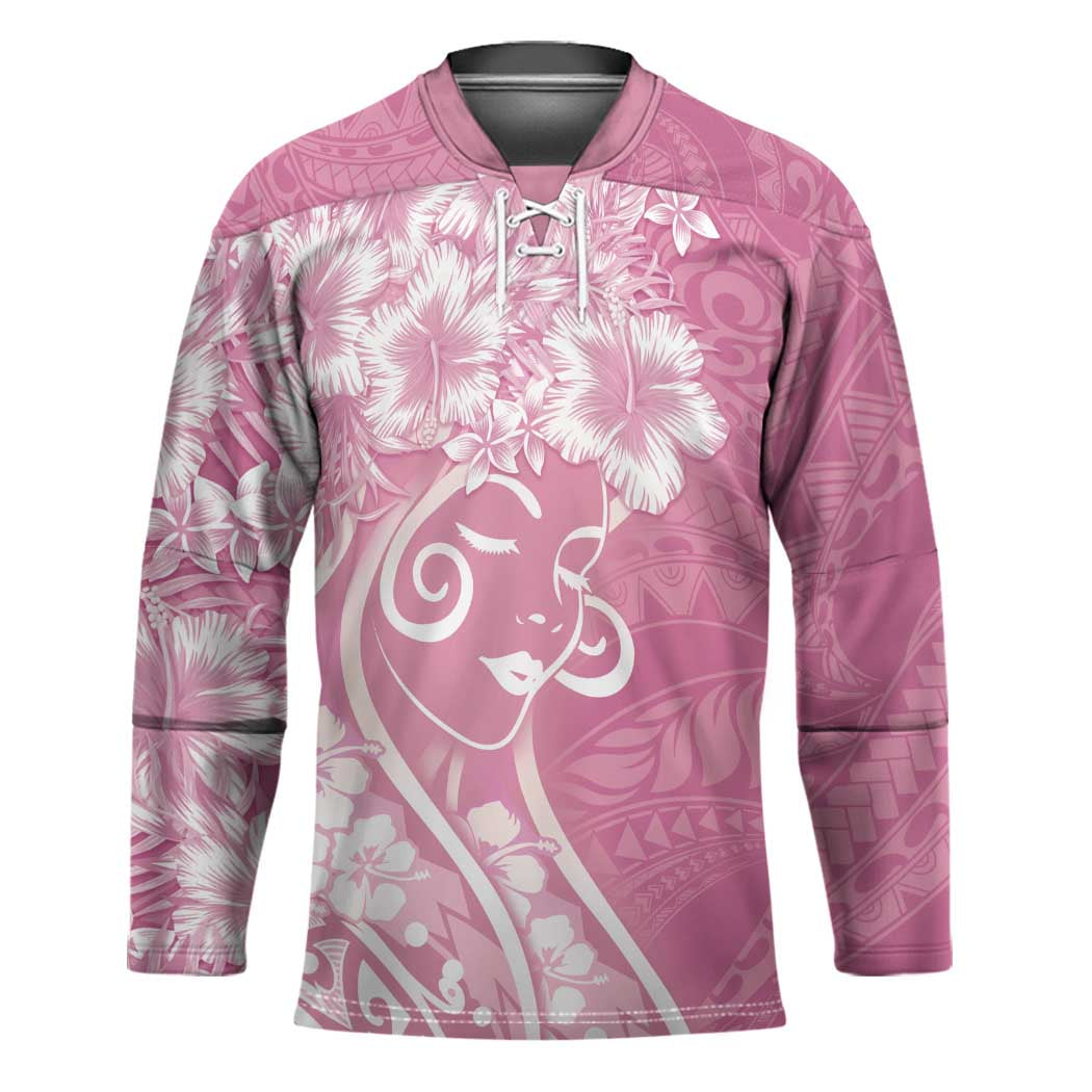 Polynesian Women's Day Hockey Jersey Pink Hibiscus Flowers With Polynesian Pattern LT05