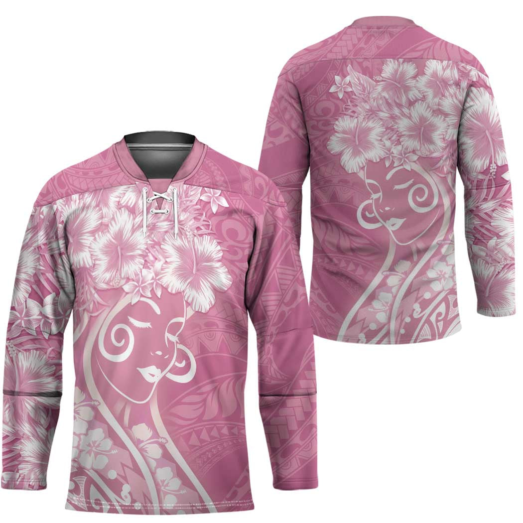 Polynesian Women's Day Hockey Jersey Pink Hibiscus Flowers With Polynesian Pattern LT05