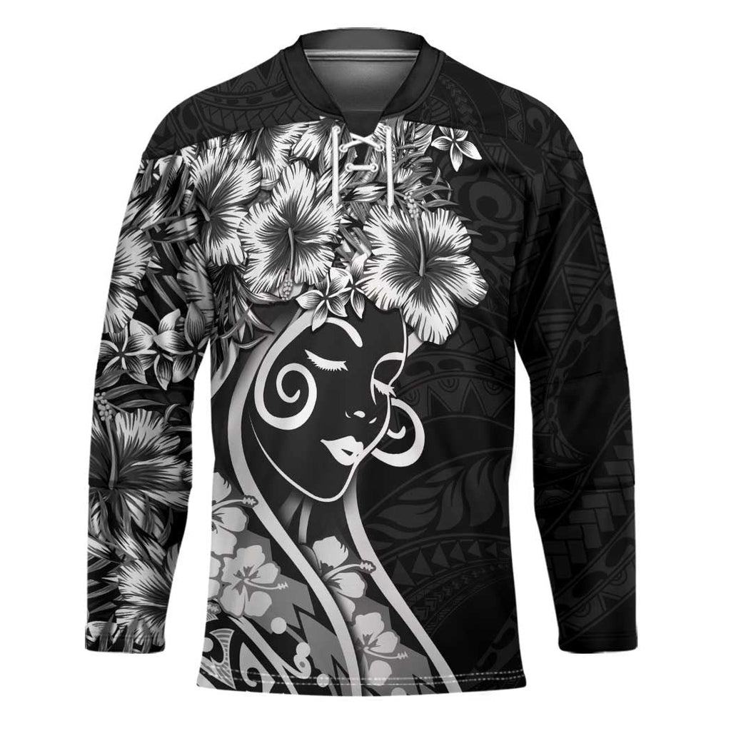 Polynesian Women's Day Hockey Jersey Black Hibiscus Flowers With Polynesian Pattern LT05