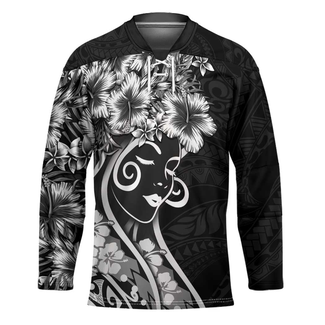 Polynesian Women's Day Hockey Jersey Black Hibiscus Flowers With Polynesian Pattern LT05