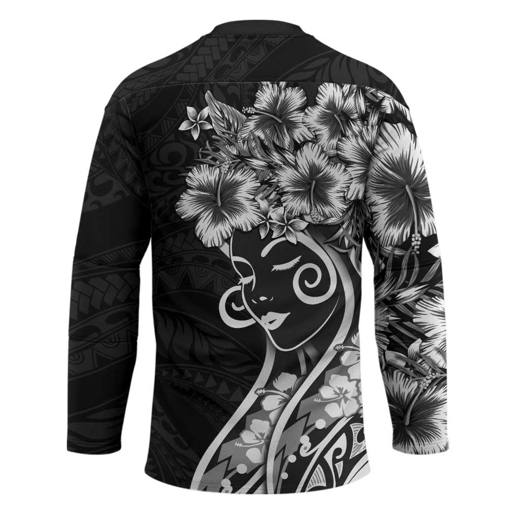 Polynesian Women's Day Hockey Jersey Black Hibiscus Flowers With Polynesian Pattern LT05