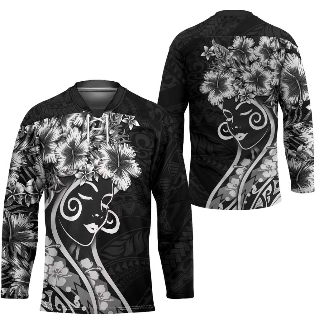Polynesian Women's Day Hockey Jersey Black Hibiscus Flowers With Polynesian Pattern LT05