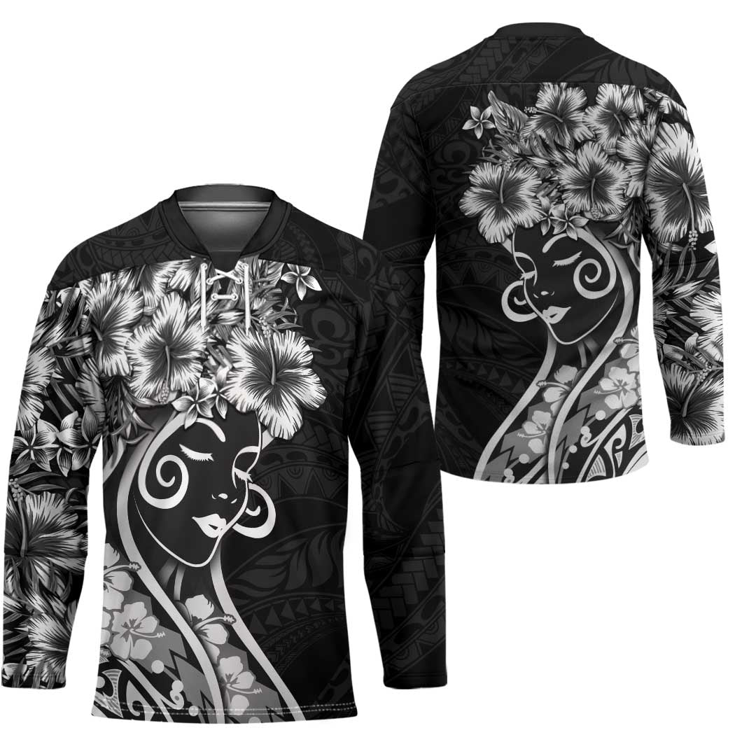 Polynesian Women's Day Hockey Jersey Black Hibiscus Flowers With Polynesian Pattern LT05